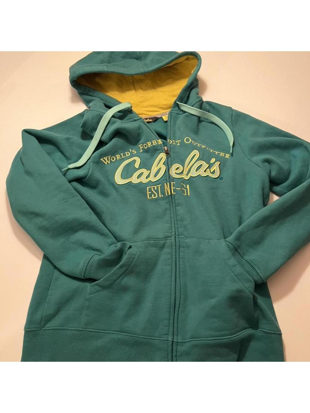 Cabela’s Full Zip Hoodie Teal Yellow Embroidered Logo Outdoor Size M